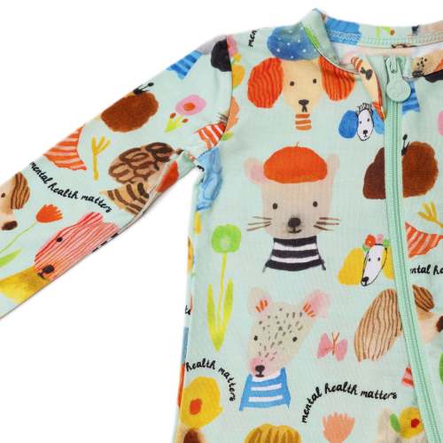 Mindful Doggos | Bamboo Footie Onesie Sleeper | "Mental Health Matters" | Thermo-Regulating, Double Zipper, 4-Way Stretch | Raising Mama