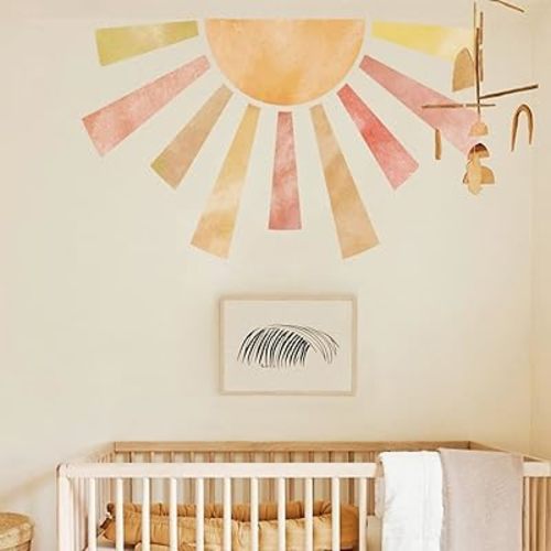 Large Fabric Watercolor Boho Half Sun Wall Decals Peel and Stick, Pastel Sunrise Wall Murals Stickers, Sunshine Wall Art Decor for Kids Room Playroom Nursery Bedroom, 48.03" x 28.74"