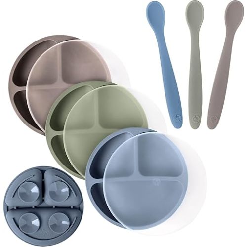 WeeSprout 3 Suction Plates with Lids & 3 Soft-Tip Spoons Bundle - Complete Mealtime Set - Silicone Baby Dinnerware - Divided Toddler Plates - Microwave & Dishwasher Safe