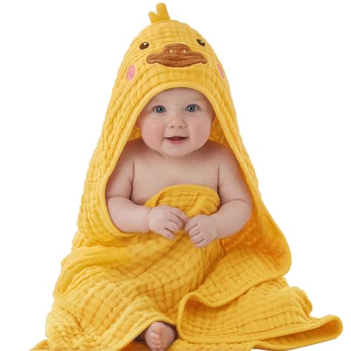 Blissful Diary Muslin Baby Hooded Towel 1 Pack, Soft & Absorbent Bath Towel for Infant, Toddler, Unisex, Baby Gift, Newborn Essentials, Sunny Duck