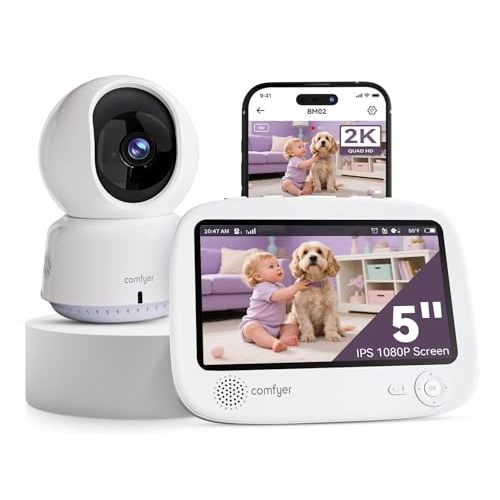 comfyer Smart WiFi Baby Monitor - 5" 1080P Split Screen & 2K Camera App Control, Motion Alerts, Sound Detection, HD Night Vision, 5050mAh Battery, 2-Way Talk, Multi-User, Triple Security, 1600ft Range
