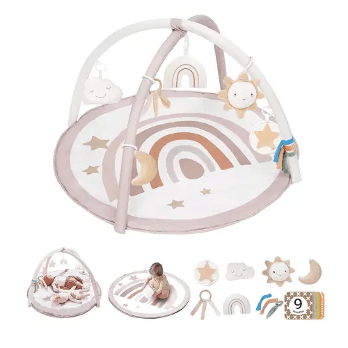 Baby Play Gym Mat, Tummy Time Activity Mat with 7 Detachable Toys and 12 Milestone Cards for Stage-Based Sensory and Motor Skill Development, Washable Play Mats for Infant, Newborn Baby Essentials