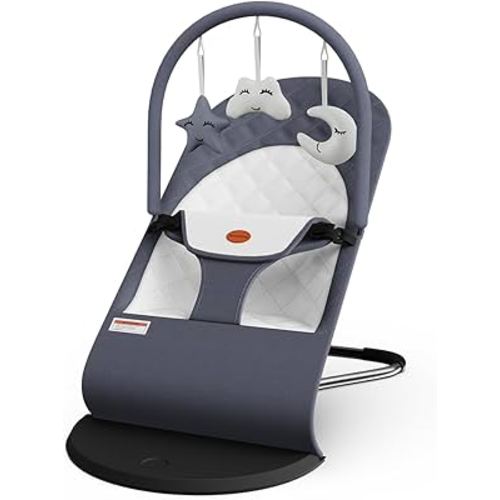 Portable Baby Bouncer Seat for Infants, 0-18 Months, 3 Modes of Use with Rocker & Stationary Options, Ergonomic Infant Chair with Hanging Toys, Baby Shower Gifts – Grey