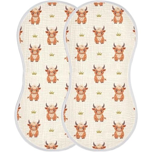 Highland Cow Muslin Burp Cloths for Baby Boys and Girls - 2-Pack Ultra Absorbent Muslin Washcloths, Newborn Towel, Milk Spit Up Rags, Burp Cloth Bibs for Unisex, 22 x 11 Inch