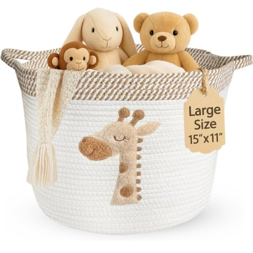 Giraffe Storage Basket for Nursery – Large 15”x11” Cotton Rope Bin with Soft Felt Animal Patch – Toy Organizer, Baby Laundry Hamper, Diaper & Towel Holder – Foldable, Washable & Baby-Safe