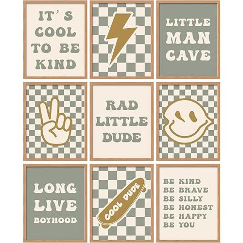 Eersida 9 Pcs Retro Checkered Preppy Lightning Peace Sign Long Live Boyhood Rad Little Dude Poster Prints Boys Poster Gifts for Boy Room Dorm Decor Wall Art Unframed 8 x 10 Inch(Green)