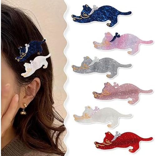 6 Pack Sparkling Acrylic Hair Clips and Barrettes for Girls by JINBUYAO - Fashionable Resin Cat-Themed Hair Accessories