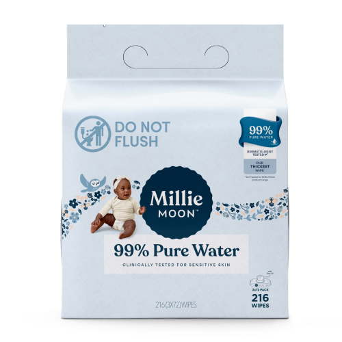 Millie Moon 99% Pure Water Baby Wipes, Lotions and Latex Free, Resealable Pack 216 Count