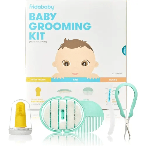 Frida Baby Grooming Kit | Baby Essentials Gift Set Includes Finger Brush with Storage Stand, Hair Brush with Case, Styling Hair Comb, Easy Grip Nail Scissors with Nail File and Case