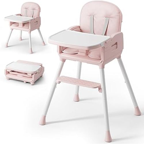 3-in-1 Portable Baby High Chair for Babies and Toddlers, Convertible Easy Clean Infant Foldable Highchair with Adjustable Legs & Dishwasher Safe Tray, Pink