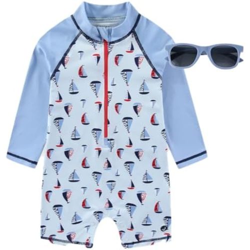 Sperry Baby Boys UPF 50+ Rash Guard One Piece Swimsuit Bathing Suit with Sunglasses 2 Piece Swimwear Set for Infant