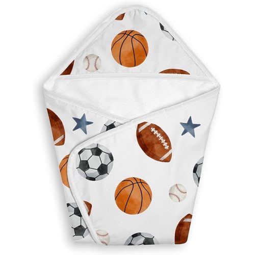 Sweet Jojo Designs Hooded Baby Towels (Sports Theme) for Boys, Toddler Bath Towel - Infant Bathing Supplies, Newborn Essentials Must Haves (Watercolor, Vintage, Sport Themed, Soccer Balls, Football)
