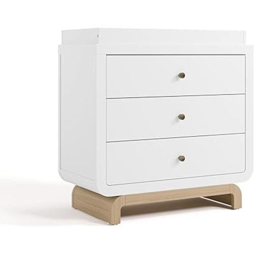 Storkcraft Santorini 3 Drawer Chest with Changing Topper (White with Driftwood) – GREENGUARD Gold Certified, Award-Winning Premium Wood Dresser for Baby & Kids Bedroom with Interlocking Drawer System