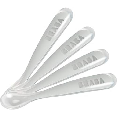 BEABA Baby's First Foods Spoon Set, Original Silicone Baby Spoons, 4 Pack, BPA Lead & Phthalate Free, Gray