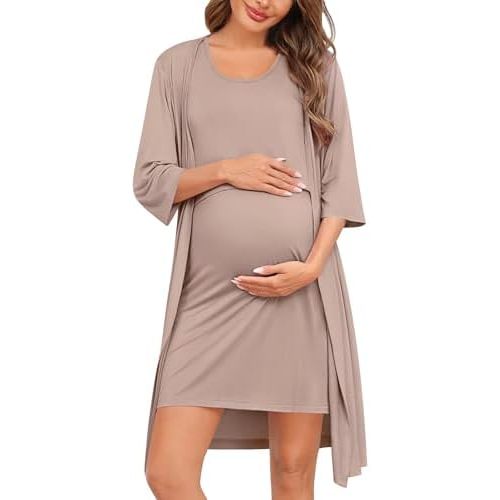 SWOMOG Women Maternity Nursing Gown and 3/4 Sleeve Robe Set Labor Delivery Nightgown Breastfeeding Hospital Bathrobe