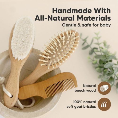 Baby Hair Brush and Comb Set, Oval Wooden Baby Brush Set for Newborns, Infant, Toddler Grooming Kit (Oval, Walnut)