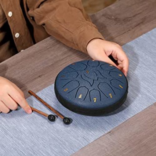 ZXZYHFTY Steel Tongue Drum, 6 Inch 11 Note Steel Hand Drum with Bag, Music Book, Drumsticks, Mallet Holder and Finger Paddles, for Camping, Meditation or Yoga .(Navy Blue)