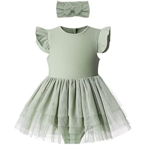 O2 BABY Organic Cotton Baby Girls Tutu Dress Baby's Tulle Dress with Headband Outfit Set 0-24Months