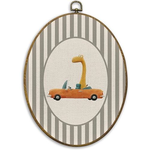 CUANFDDSF Brontosaurus Dinosaur Nursery Oval Wall Art Decor, Kids Room Wall Hanging Decor, Brontosaurus Drive Car Framed Canvas Prints for Kids Boy Nursery Room Bedroom Playroom, 8.6x11.4 Inch