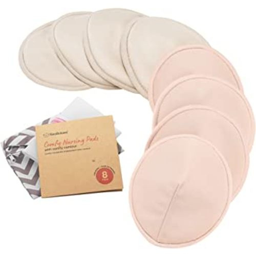 Organic Nursing Pads - 8 Washable Viscose Derived from Bamboo Breastfeeding Pads, Wash Bag, Reusable Breast Pads for Breastfeeding, Nipple Pads for Breastfeeding Essentials(Neutrals, M 3.9")