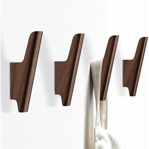 Wood Wall Hooks 4 Pack Coat Hooks Wall Mount Walnut Wooden Hooks for Hanging Hat, Bag, Backpack, Rustic Coat Hooks for Wall, Wood Towel Hooks for Bathrooms and Entryway Hooks (Walnut, Dark)