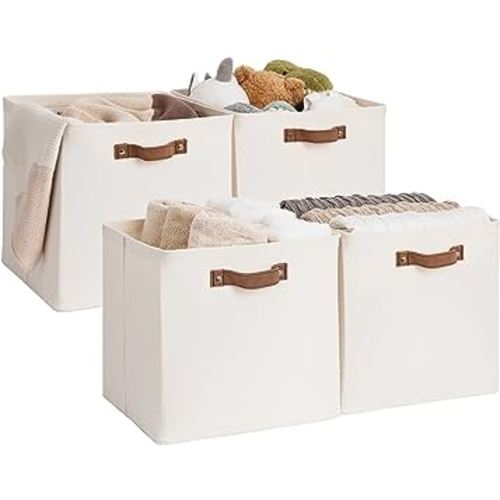 StorageWorks 13x13 Storage Cubes, Collapsible Storage Bins Organizer for Closet, Fabric Storage Box with PU Handles, Beige, 4-Pack