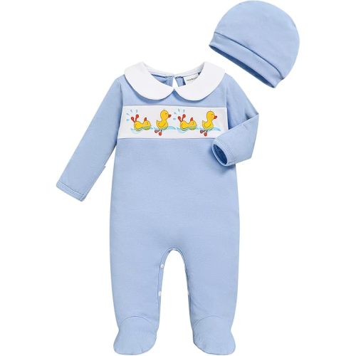GRNSHTS Newborn Romper Coming Home Outfits Infant Girl Boy Cute Print Long Sleeve Bodysuit with Mitten, Matching Hat Jumpsuit