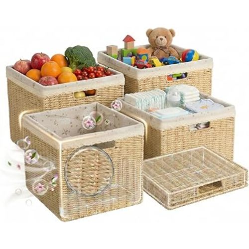 4PC Foldable 13 x 13 Storage Baskets, Handwoven Paper Rope with Reinforced Structure, Removable Liner, No Sharp Edges, Odor-Free, for Nursery, Living Room, Closet, Bedroom, Shelves