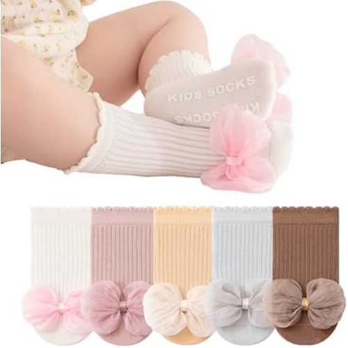 Baby Non-Skid Socks Toddler Non Slip Crew Socks Girl Newborn Infant First Walking Princess Socks 5 Pairs