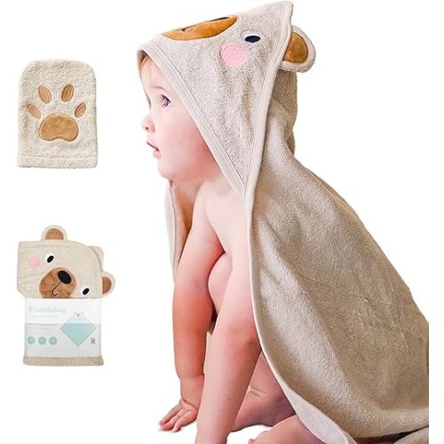 CuddleBug Premium Hooded Baby Bath Towel & Washcloth Set (Bear) - 100% Cotton Terrycloth Hooded Baby Towels for Newborn & Toddler, Super-Soft & Absorbent, Newborn Essentials (30" x 30") - Honey Beige