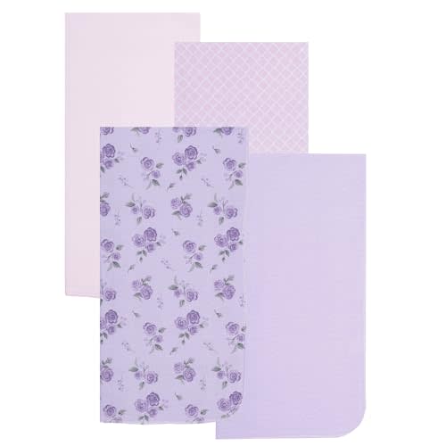 EVERYDAY KIDS 4 Pack of Soft Flannel Receiving Baby Blanket Set for Girls; Pink and Purple Baby Swaddle Blankets with Purple Flower and Diamond Pattern Designs for Newborn Baby Girl Nursery