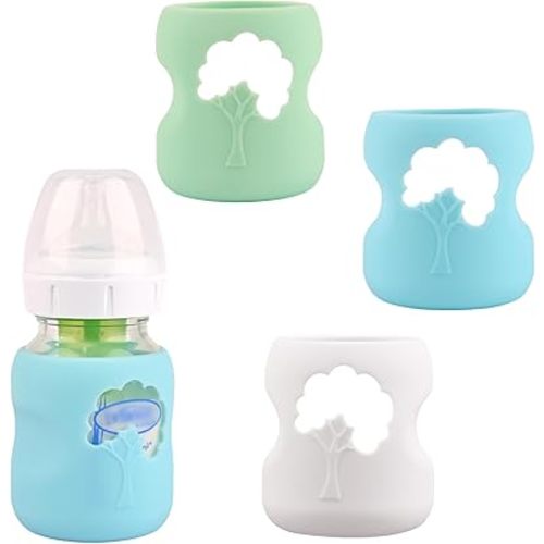 3 Pack Silicone Sleeves for Dr. Brown's Natural Glass Baby Bottles, Anti Breakage Baby Bottle Holder, Compatible Dr. Brown Wide-Neck Glass Baby Bottles 5 oz (White+Blue+Green)