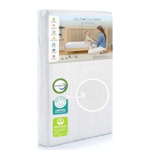 Delta Children Sweet Beginnings Dual Sided Baby Crib Mattress and Toddler Mattress, GREENGUARD Gold and CertiPUR-US Certified, Firm Plant-Based Foam, Waterproof, 5 Year Warranty, Made in USA, White