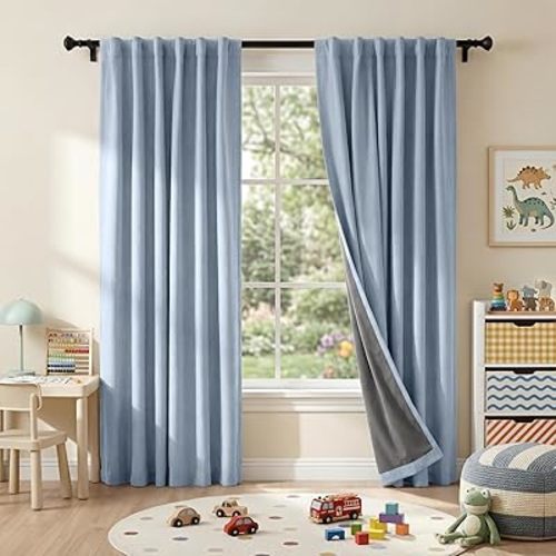 RYB HOME Linen Texture Curtains for Bedroom, 100% Blackout Thermal Insulated Curtains, Rod Pocket&Back Tab Room Darkening Drapes Luxury Decor for Living Room Nursery, W52xL90g, 2 Panels, Smoky Blue