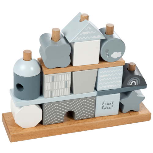 Label Label: Stacking Blocks House - Blue - Natural Wooden & Colored Blocks, Creative Building, Range of Shapes & Sizes, Storage Rack, Toddlers 18Mo+