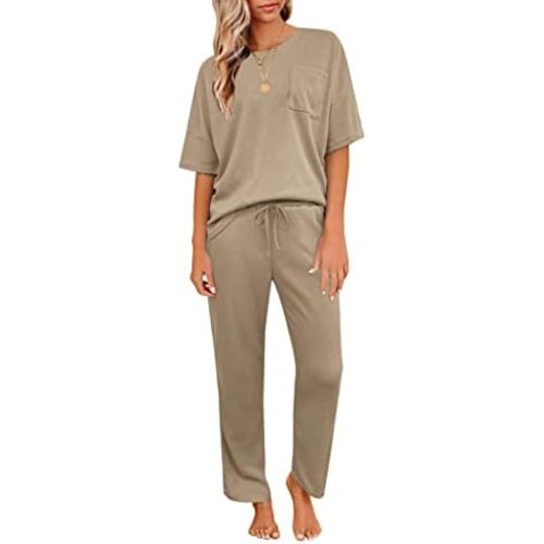 JiniGolla Womens Pajama Sets Waffle Knit Short Sleeve Shirt with Long Pajama Pants Soft Sleepwear Pj Lounge Sets