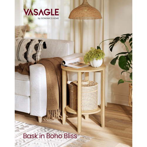 Boho 2-Tier Round Side Table - Rattan-Look Nightstand with Storage Shelf for Bedroom/Living Room, Space-Saving, Oak Beige