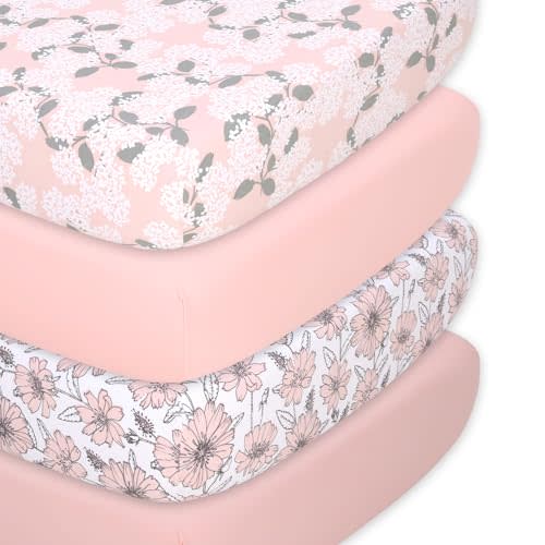 The Peanutshell 4-Pack Fitted Organic Crib Sheet Set - Soft & Breathable Baby Girl or Boy Crib Sheets, 100% Jersey Cotton Nursery Decor, Fit for Standard Mattress Cover- Cottage Floral