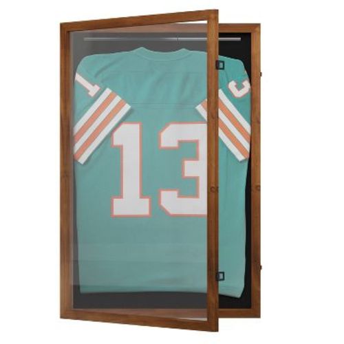 Emma and Oliver Manow Jersey Display Case, 24x36, Hanger Display, Solid Pine Wood, UV Treated Acrylic Window, Rustic Brown Finish