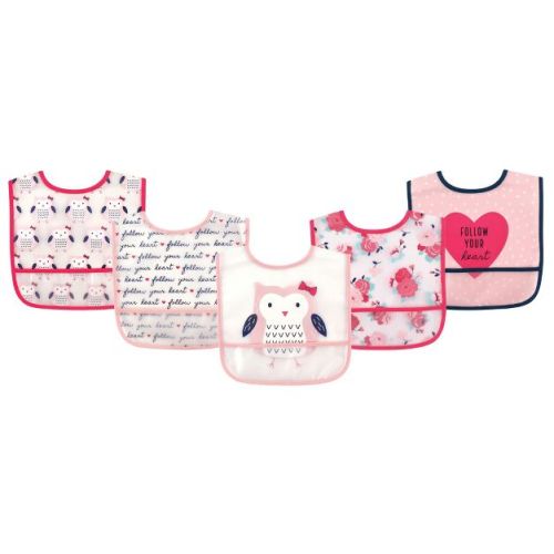 Hudson Baby Infant Girl Waterproof Peva Bibs 5pk, Owl, One Size