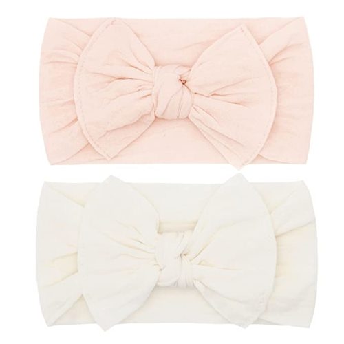 Baby Bling Bows - Newborn to Little Baby Girl Bows, 2 Pack Nylon Super Soft Stretchy Knot Toddler Headbands, Perfect Hair Accessories Head Bands for Infant Kids(Petal & Ivory)