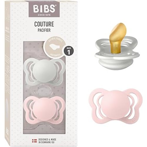 BIBS Couture Baby Pacifier 2-Pack | Made in Denmark | BPA Free Dummy Soother, Anatomical Nipple. Natural Rubber Latex, Size 1 (0-6 Months), Haze / Blossom