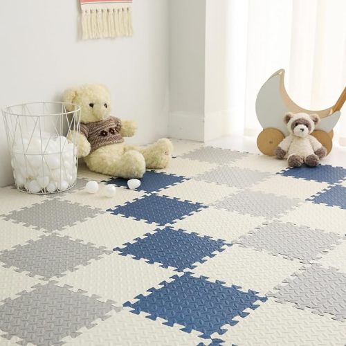 36 Tiles Foam Play Mat for Baby, 0.4 Inch Thick Foam Interlocking Floor Mats, Soft Non-Toxic Baby Playmat, Solid Colored Puzzle Play Mat Kids Floor Mats for Toddler(White/Gray/Dark Blue)