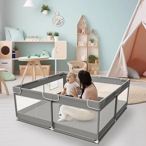Baby Playpen, 50 x 50 inch Baby Playard, Travel Pack N Play, Pack and Play for Indoor & Outdoor, Playpen for Babies and Toddlers, Baby Fence Play Pen, with Soft Breathable Mesh, Grey