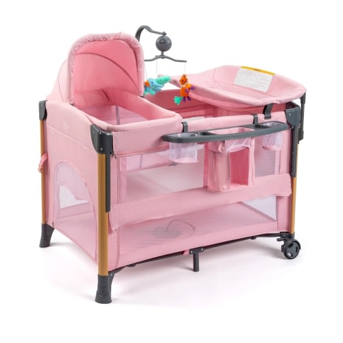 Joymor 7 in 1 Bedside Bassinet with Changing Table, Baby Girl Bassinet, Pink Bedside Sleeper with Mattress, Sheet, Canopy, Storage Shelf, and Hanging toy