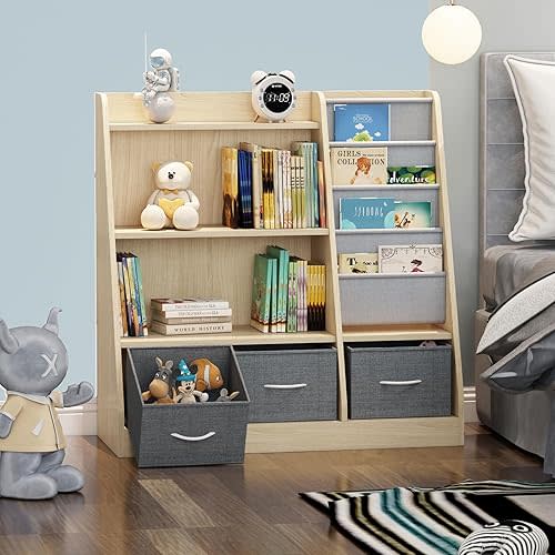 Kids Bookshelf Wood Toy Storage Organizer Cabinet Children Bookcase Toddler Baby Sling Book Rack 3 Cube Bins Fabric Drawers for Playroom Bedroom Nursery School