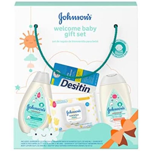 Johnson's Baby Welcome Baby Gift Set, Newborn Skincare with Body Wash & Shampoo, Face & Body Lotion, Wipes for Hands & Face & Diaper Rash Cream for Delicate Skin, 4 Count