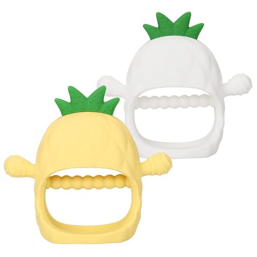 Socub Silicone Baby Teething Toy for Infants 12 Months+, BPA Free Never Drop Silicone Mitten Teether Toy for Soothing Sore Gums, Baby Chew Toys for Sucking Need(White/Yellow - Yellow, White