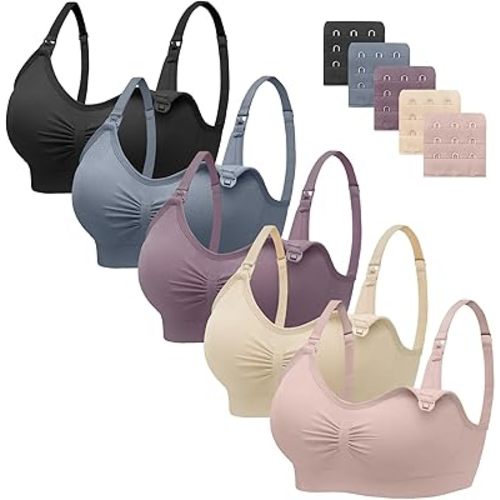Angelhood Nursing Bra 5 Pack Womens Maternity Breastfeeding Seamless Wireless Sleep Bra with Extenders