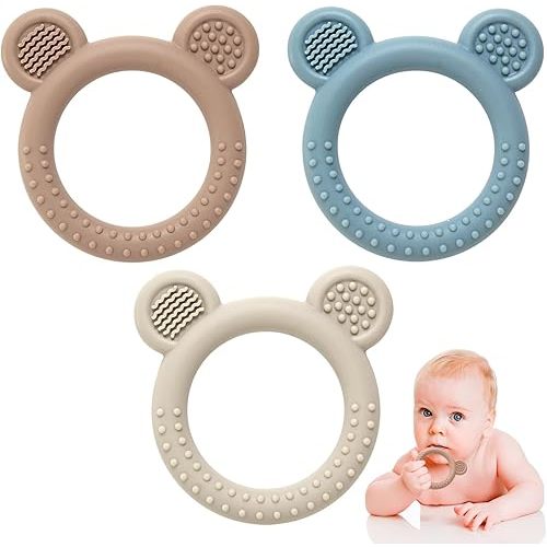 Teething Toys for Babies 0-6 Months, 3 Pack Silicone Baby Toys 6 to 12 Months, BPA Free Soft Textured Teething Relief Soothing Sore Gums Baby Essentials
